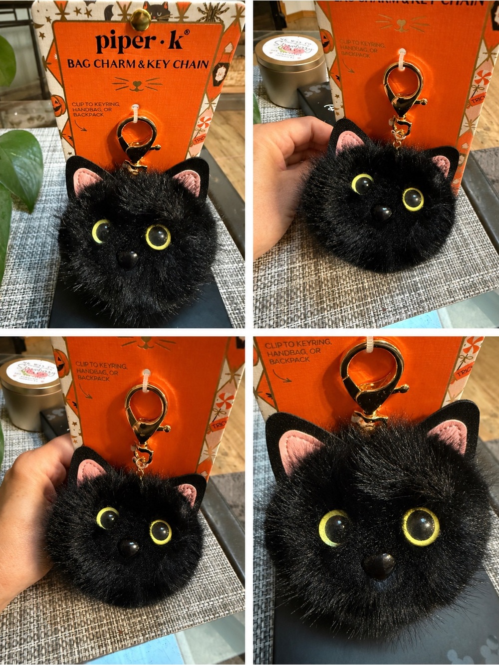 Piper Black Fuzzy Cat 🐈‍⬛Pom Bag Charm with Yellow Eyes🎃Halloween Fun